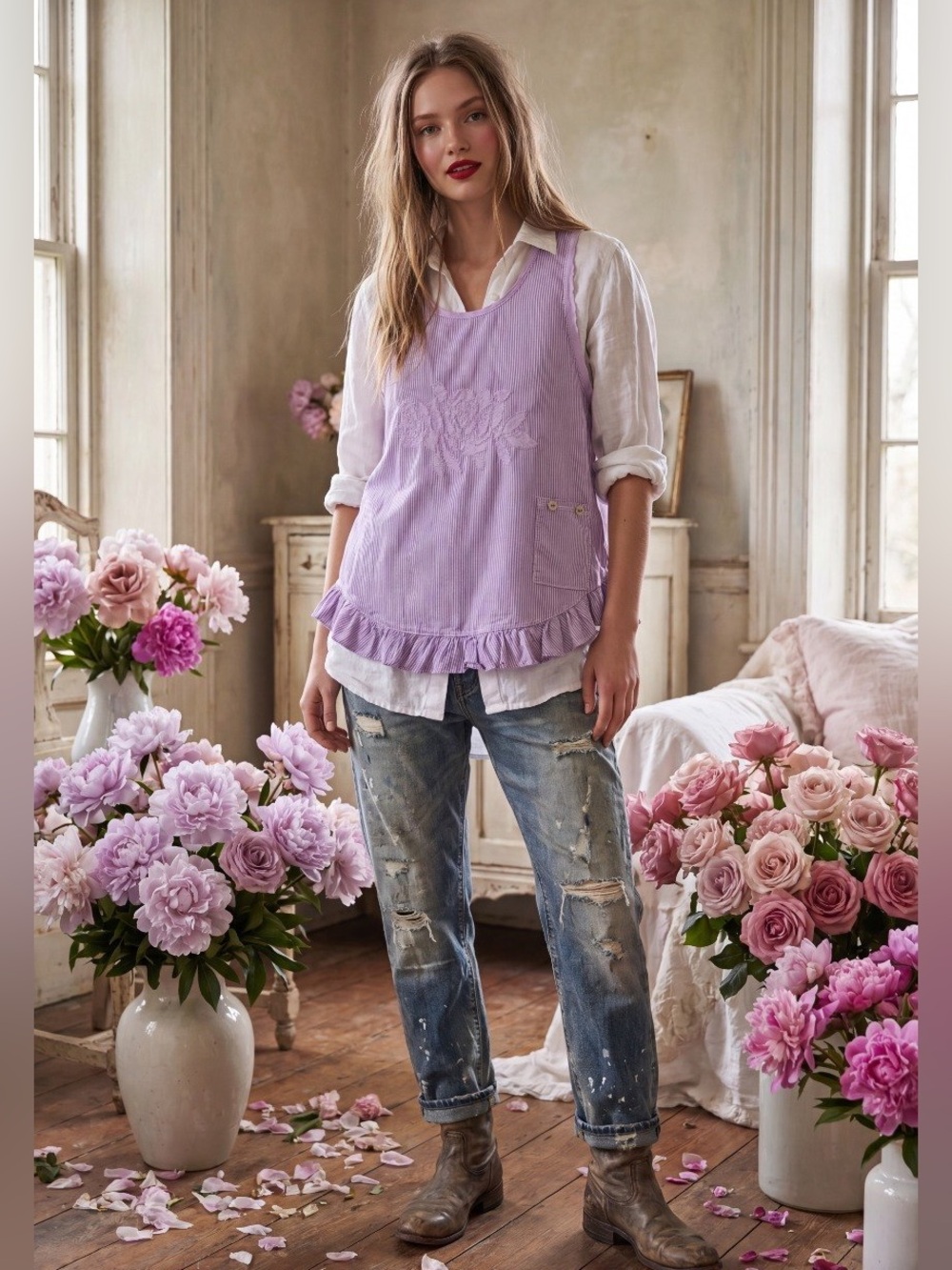 Hand Crafted Lavender Striped Tank Top with Ruffle Hem